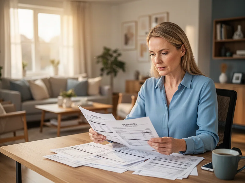 Kobieta w domowym biurze analizuje dokumenty finansowe i wnioski o rentę rodzinną.