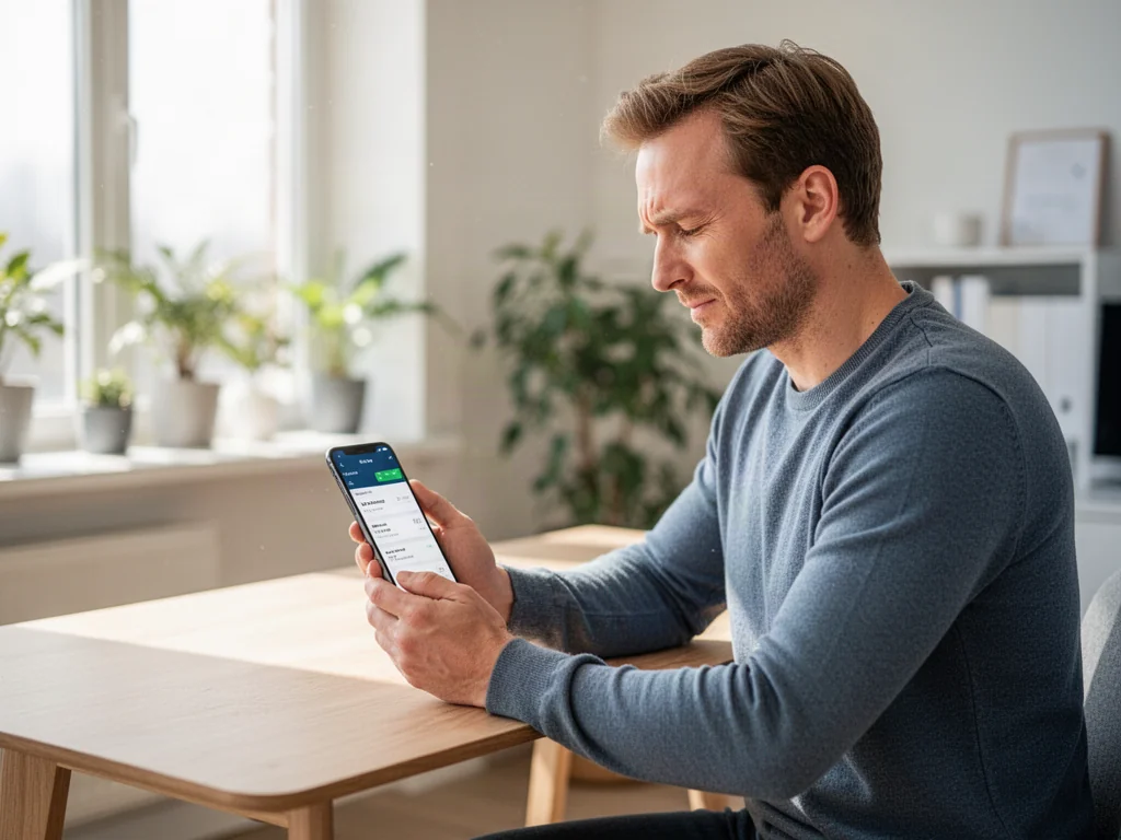 Mężczyzna z ulgą korzystający z aplikacji bankowej na smartfonie w jasnym domowym biurze.