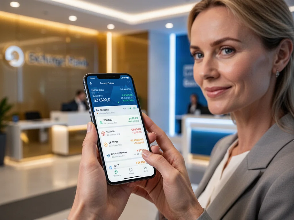 Kobieta trzymająca smartfon z aplikacją do przeliczania walut na tle nowoczesnego biura bankowego.