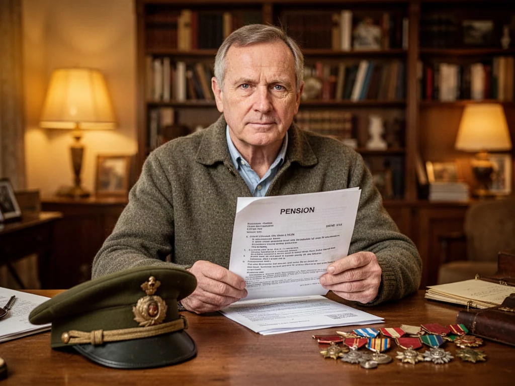 Mężczyzna przy biurku z dokumentami emerytalnymi, czapką wojskową i medalami, symbolizujący rozliczenie służby wojskowej.