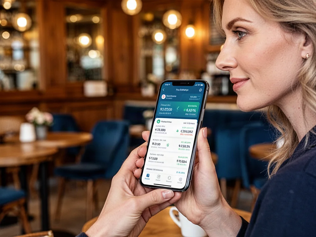 Kobieta sprawdza kurs walut w aplikacji na smartfonie, siedząc w przytulnej kawiarni.