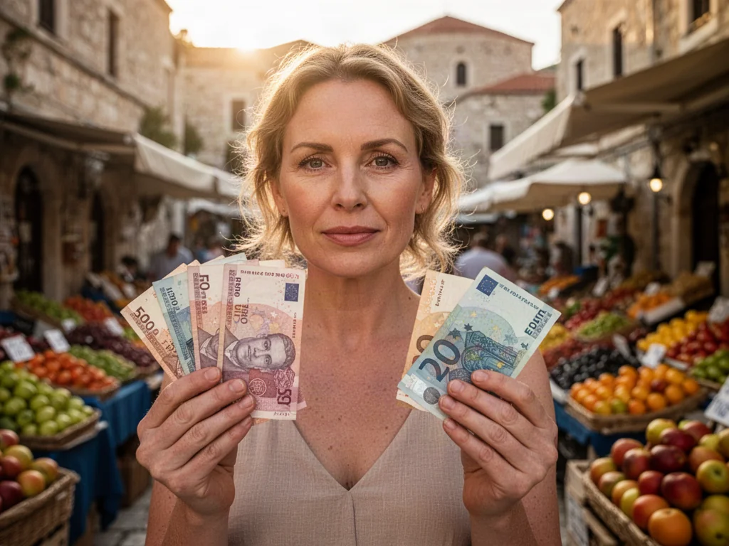 Kobieta trzymająca w dłoniach walutę albańską oraz banknot euro na tle tętniącego życiem śródziemnomorskiego targu.